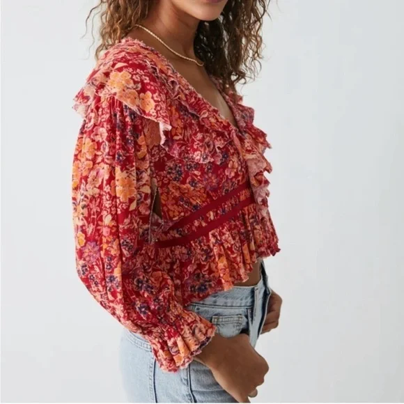 Free People Rudi Ruffle Top in Cherry Combo, Size Small - Picture 3 of 17